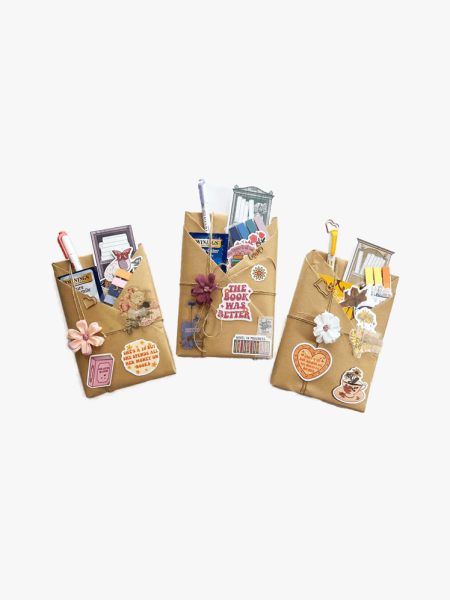 Blind Date with a Book in brown wrapped components on a light gray background